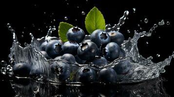 Fresh juicy Blueberry fruit with water splash isolated on background, healthy fruit, AI Generative photo