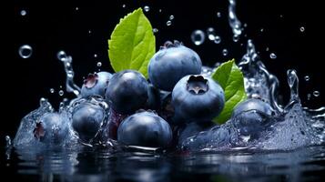 Fresco jugoso arándano Fruta con agua chapoteo aislado en fondo, sano fruta, ai generativo foto