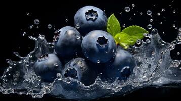 Fresh juicy Blueberry fruit with water splash isolated on background, healthy fruit, AI Generative photo