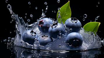 Fresco jugoso arándano Fruta con agua chapoteo aislado en fondo, sano fruta, ai generativo foto