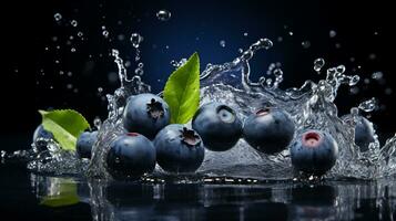 Fresh juicy Blueberry fruit with water splash isolated on background, healthy fruit, AI Generative photo