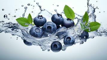 Fresh juicy Blueberry fruit with water splash isolated on background, healthy fruit, AI Generative photo