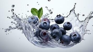 Fresh juicy Blueberry fruit with water splash isolated on background, healthy fruit, AI Generative photo