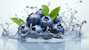 Fresh juicy Blueberry fruit with water splash isolated on background, healthy fruit, AI Generative photo