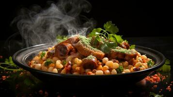 Plate of tasty French specialty the cassoulet, hot puffing smoke freshly cooked, AI Generative photo