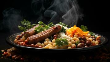 Plate of tasty French specialty the cassoulet, hot puffing smoke freshly cooked, AI Generative photo