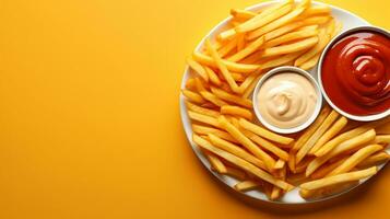 recién cocido crujiente francés papas fritas, insalubre rápido alimento, ai generativo foto