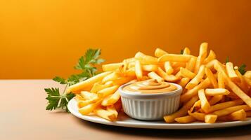 Freshly cooked Crispy French fries, unhealthy fast food, AI Generative photo