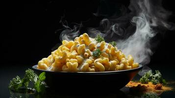 A steaming plate of hot classic Baked Homemade mac and cheese, perfectly cooked, AI Generative photo