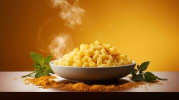 A steaming plate of hot classic Baked Homemade mac and cheese, perfectly cooked, AI Generative photo