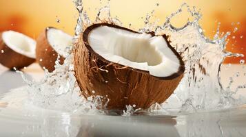 mitades de un Coco con agua chapoteo aislado en fondo, sano tropical alimento., ai generativo foto