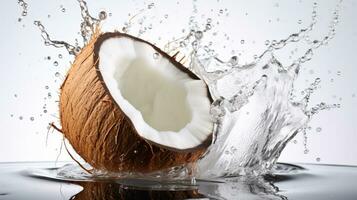 halves of a coconut with water splash isolated on background, Healthy tropical food., AI Generative photo