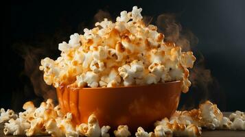 Salted hot Popcorn with smoke in bowl or bucket isolated on black background, AI Generative photo