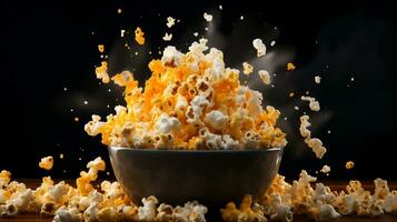 Salted hot Popcorn with smoke in bowl or bucket isolated on black background, AI Generative photo