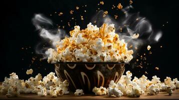 Salted hot Popcorn with smoke in bowl or bucket isolated on black background, AI Generative photo