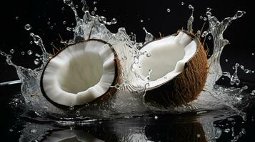 halves of a coconut with water splash isolated on background, Healthy tropical food, AI Generative photo