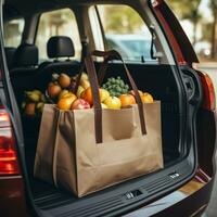Shopping bag with groceries and car parking in the back, AI Generative photo