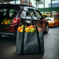 Shopping bag with groceries and car parking in the back, AI Generative photo