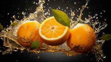 Fresco jugoso naranja Fruta con agua chapoteo aislado en fondo, sano fruta, ai generativo foto