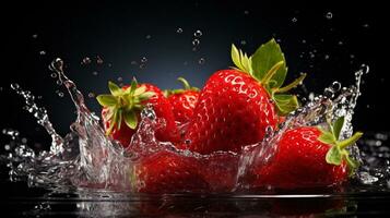Fresco jugoso fresa Fruta con agua chapoteo aislado en fondo, sano fruta, ai generativo foto