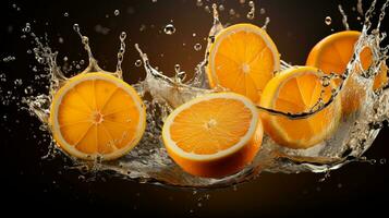 Fresh juicy orange fruit with water splash isolated on background, healthy fruit, AI Generative photo