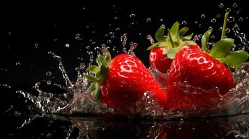 Fresco jugoso fresa Fruta con agua chapoteo aislado en fondo, sano fruta, ai generativo foto