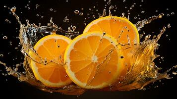 Fresh juicy orange fruit with water splash isolated on background, healthy fruit, AI Generative photo