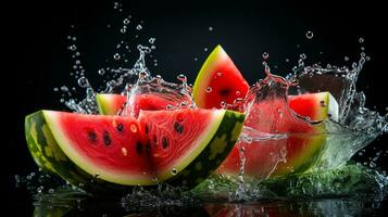 Fresco jugoso rebanado sandía Fruta con agua chapoteo aislado en fondo, sano fruta, ai generativo foto