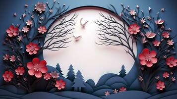 Nature background paper cut and craft style, romantic scenery , copy space, used for greeting card, AI Generative photo