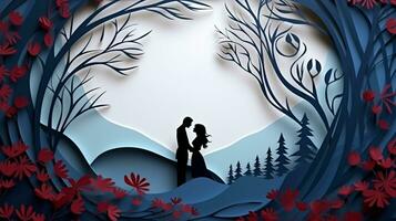 Nature background paper cut and craft style, romantic scenery , copy space, used for greeting card, AI Generative photo