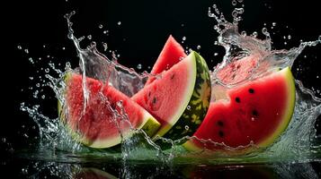 Fresh juicy sliced watermelon fruit with water splash isolated on background, healthy fruit, AI Generative photo