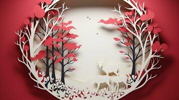 Nature background paper cut and craft style, romantic scenery , copy space, used for greeting card, AI Generative photo