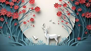 Nature background paper cut and craft style, romantic scenery , copy space, used for greeting card, AI Generative photo