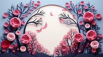 Nature background paper cut and craft style, romantic scenery , copy space, used for greeting card, AI Generative photo