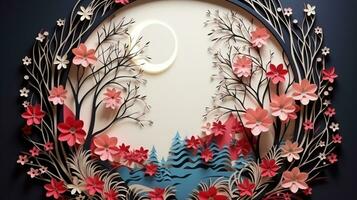 Nature background paper cut and craft style, romantic scenery , copy space, used for greeting card, AI Generative photo