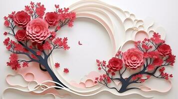 Nature background paper cut and craft style, romantic scenery , copy space, used for greeting card, AI Generative photo