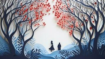 Nature background paper cut and craft style, romantic scenery , copy space, used for greeting card, AI Generative photo