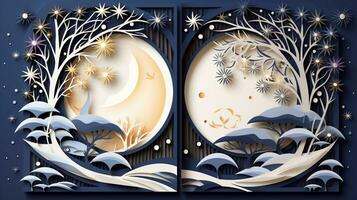 Nature background paper cut and craft style, romantic scenery , copy space, used for greeting card, AI Generative photo