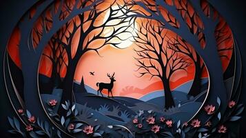 Nature background paper cut and craft style, romantic scenery , copy space, used for greeting card, AI Generative photo