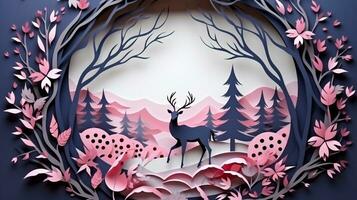 Nature background paper cut and craft style, romantic scenery , copy space, used for greeting card, AI Generative photo