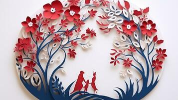 Nature background paper cut and craft style, romantic scenery , copy space, used for greeting card, AI Generative photo