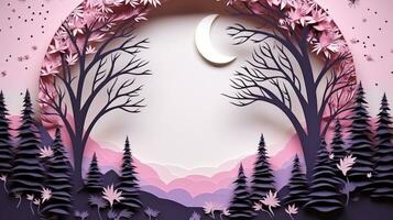 Nature background paper cut and craft style, romantic scenery , copy space, used for greeting card, AI Generative photo