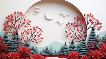 Nature background paper cut and craft style, romantic scenery , copy space, used for greeting card, AI Generative photo