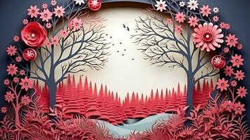 Nature background paper cut and craft style, romantic scenery , copy space, used for greeting card, AI Generative photo