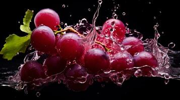 Fresco jugoso rojo uva Fruta con agua chapoteo aislado en fondo, sano fruta, ai generativo foto