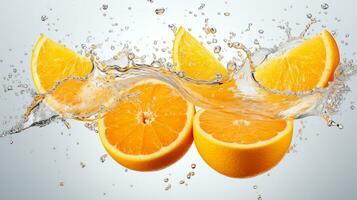 Fresh juicy orange fruit with water splash isolated on background, healthy fruit, AI Generative photo