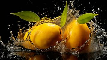 Fresh juicy mango with water splash isolated on background, healthy tropical fruit, AI Generative photo