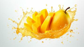 Fresco jugoso mango con agua chapoteo aislado en fondo, sano tropical fruta, ai generativo foto