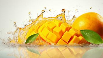 Fresh juicy mango with water splash isolated on background, healthy tropical fruit, AI Generative photo