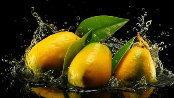 Fresh juicy mango with water splash isolated on background, healthy tropical fruit, AI Generative photo